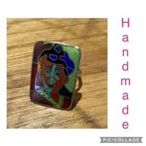 Hand crafted enamelled art over sterling silver ring adjustable band portrait